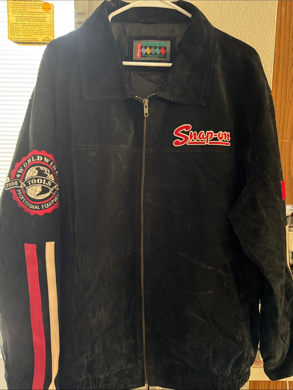 Snap-on Black Suede Bomber Jacket with Red and Cream Accents